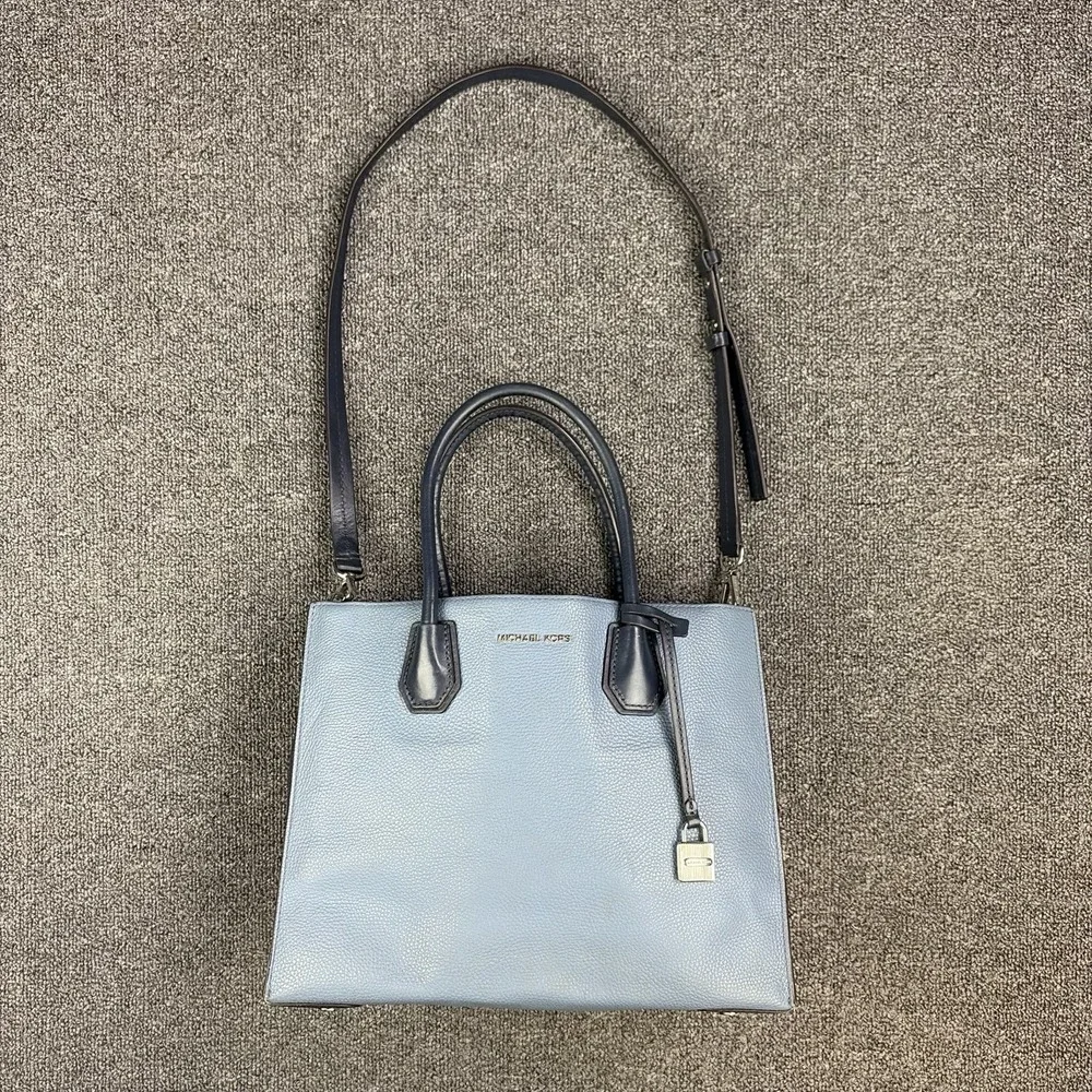 Michael Kors Mercer Medium Pebbled Leather Satchel Tote Bag Blue Purse Crossbody